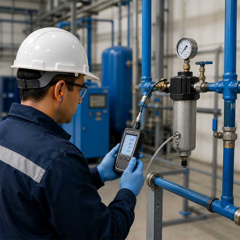 Técnico industrial realizando auditoría de calidad de aire comprimido en sistema industrial