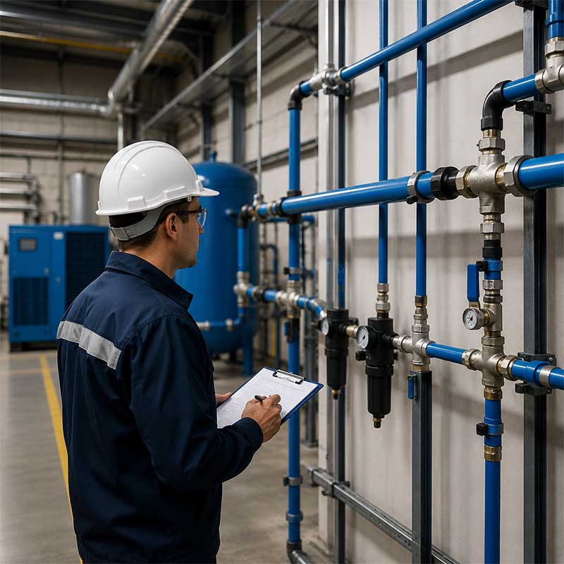 Técnico industrial revisando red de distribución y puntos de consumo de aire comprimido